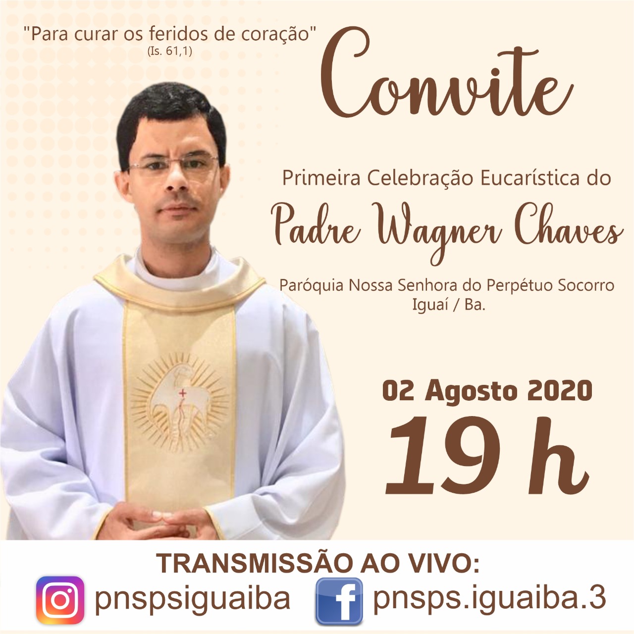 Iguaí: Igreja Católica convida a comunidade para 1ª Missa do Diácono Wagner Chaves